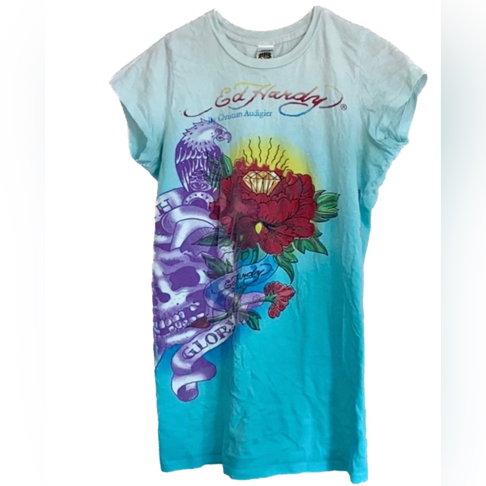 Vintage Y2K Graphic Tee Ed Hardy Death or Glory Shaded Teal Tattoo Tee